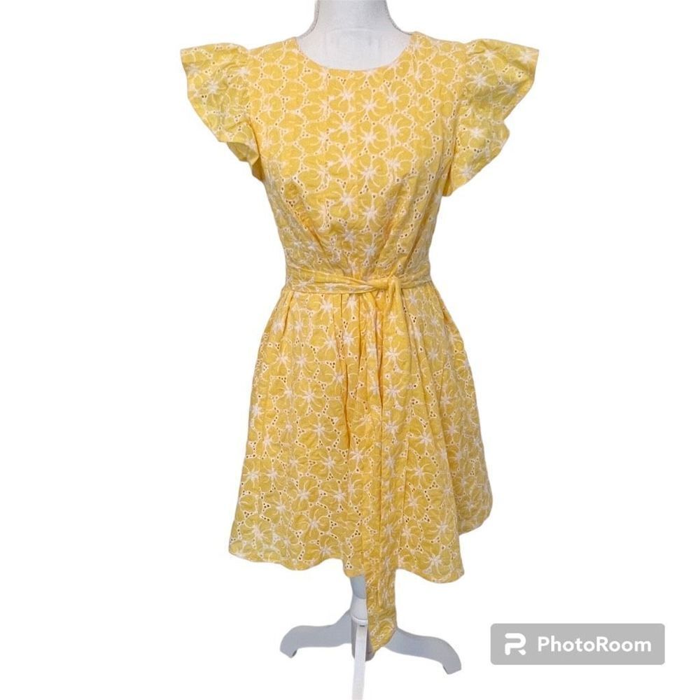 Aura Yellow Eyelet Dress with Tie Waist and Ruffle Sleeves Size XS
